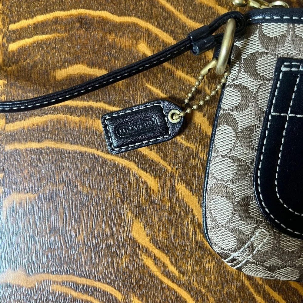 Coach Signature Brown Canvas and Black Leather  Wristlet
